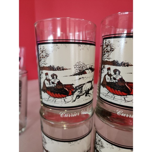 Currier and Ives Christmas Glasses Sleigh Ride Drink Glass Cups Vintage Set Of 4 - Picture 2 of 8